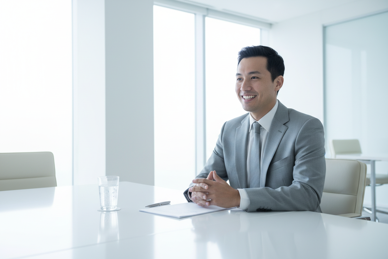 ein mann der seriüs im vorstellungsgespräch sitz, lacht, und ein glas wasser und stift und zettel für sie liegen hat, anzug an und alles sehr hell weiß