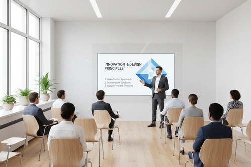 ein mann präsentiert vor einer klasse, alles schön und schlicht gehalten und zudem eine präsentation im hintergrund und einige schüler