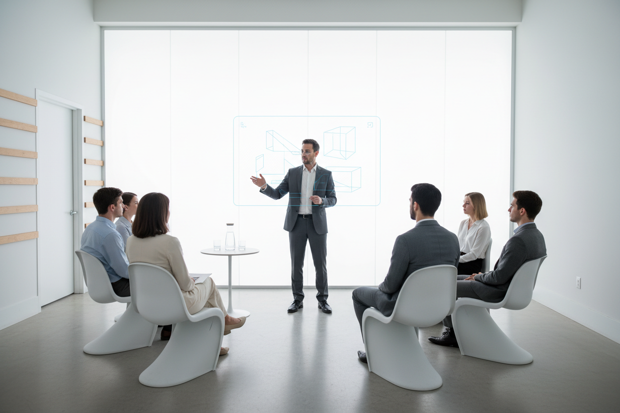 ein mann präsentiert vor seinen schülern. alles schön und schlicht gehalten