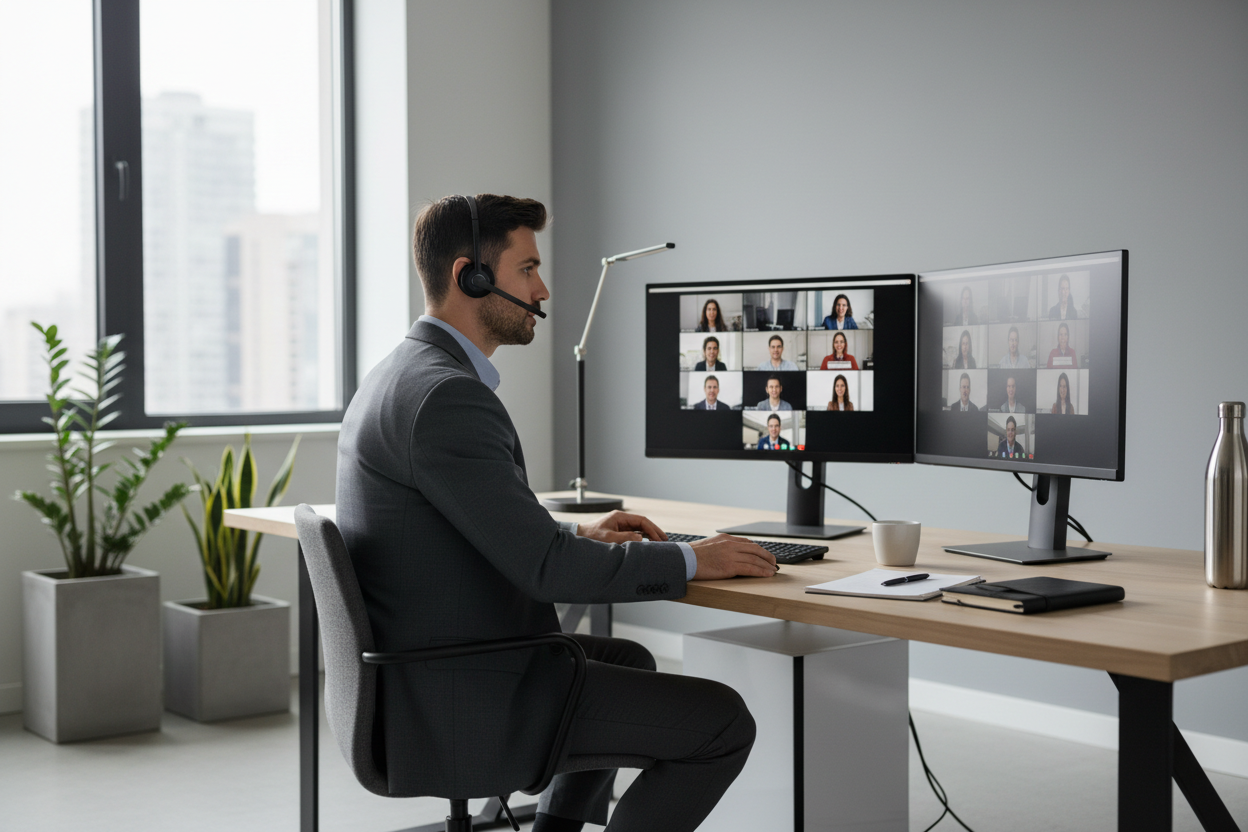 ein mann telefoniert an seinem PC mit headset mit jemanden online in seinem büro seriös und schlicht gehalten