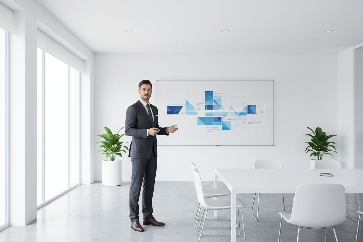 ein seriüses geschäftliches umfeld, alles sehr hell un d weiss und eine elegate person mit anzug die präsentiert