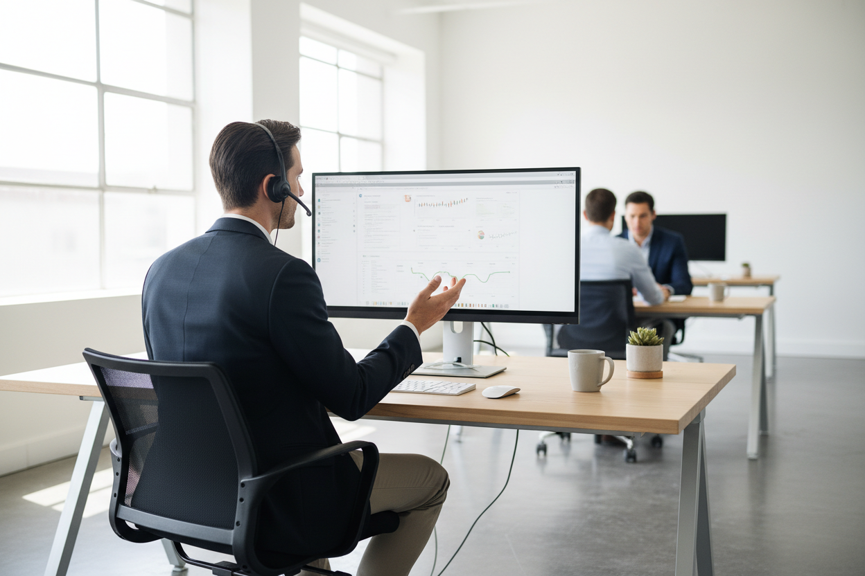 eine seriüse person von hinten wie sie an einem PC sitzt und dort mit jemand spricht mit einem headset auf dem kopf, alles sauber und hell gehalten