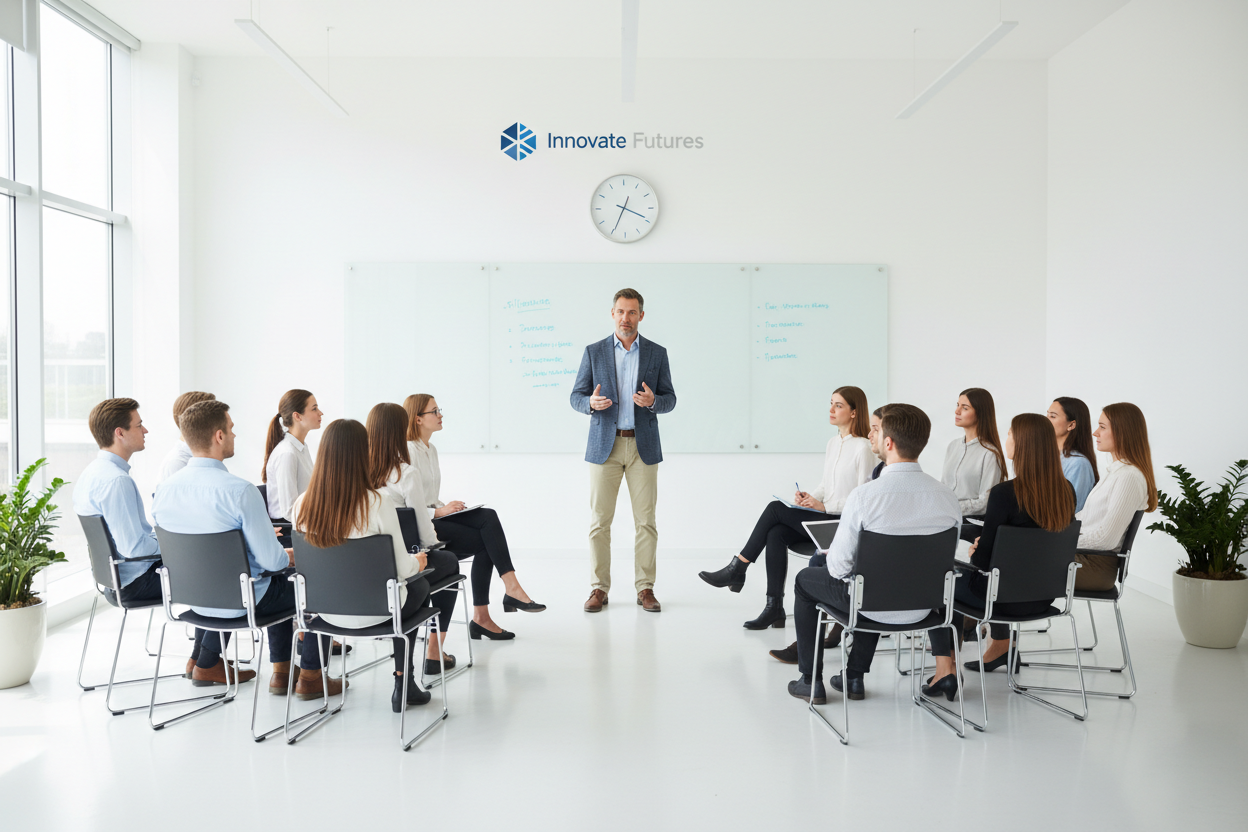 Workshop, ein Mann der seriüs vor jüngeren Leiuten in einem sauberen und seriüsen weißem raum steht und spricht